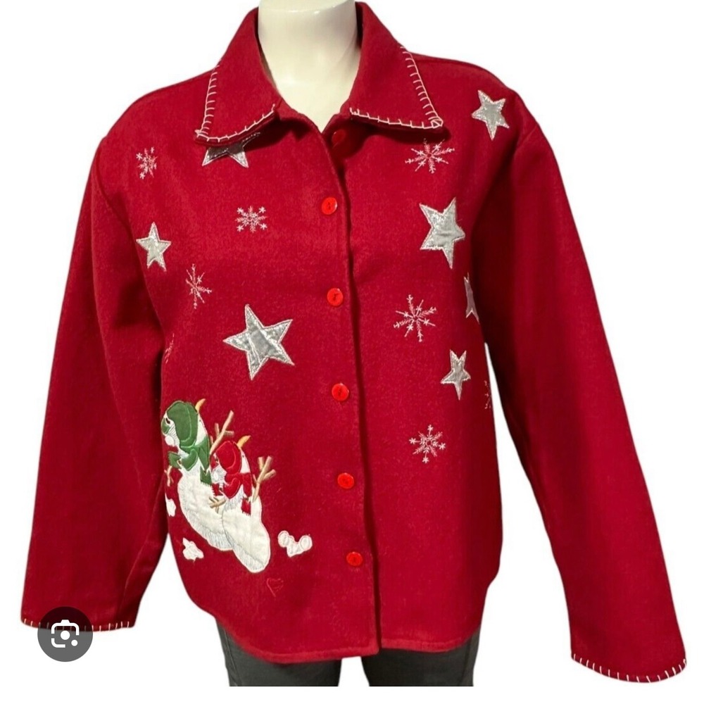 Vintage Take Two Clothing‎ Co Red Snowman Stars Embroidered Wool Blend Jacket M